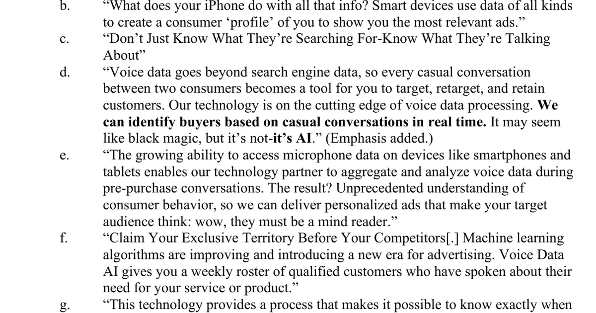 Фрагмент жалобы FTC с утверждениями Active Listening AI о голосовых данных и рекламе