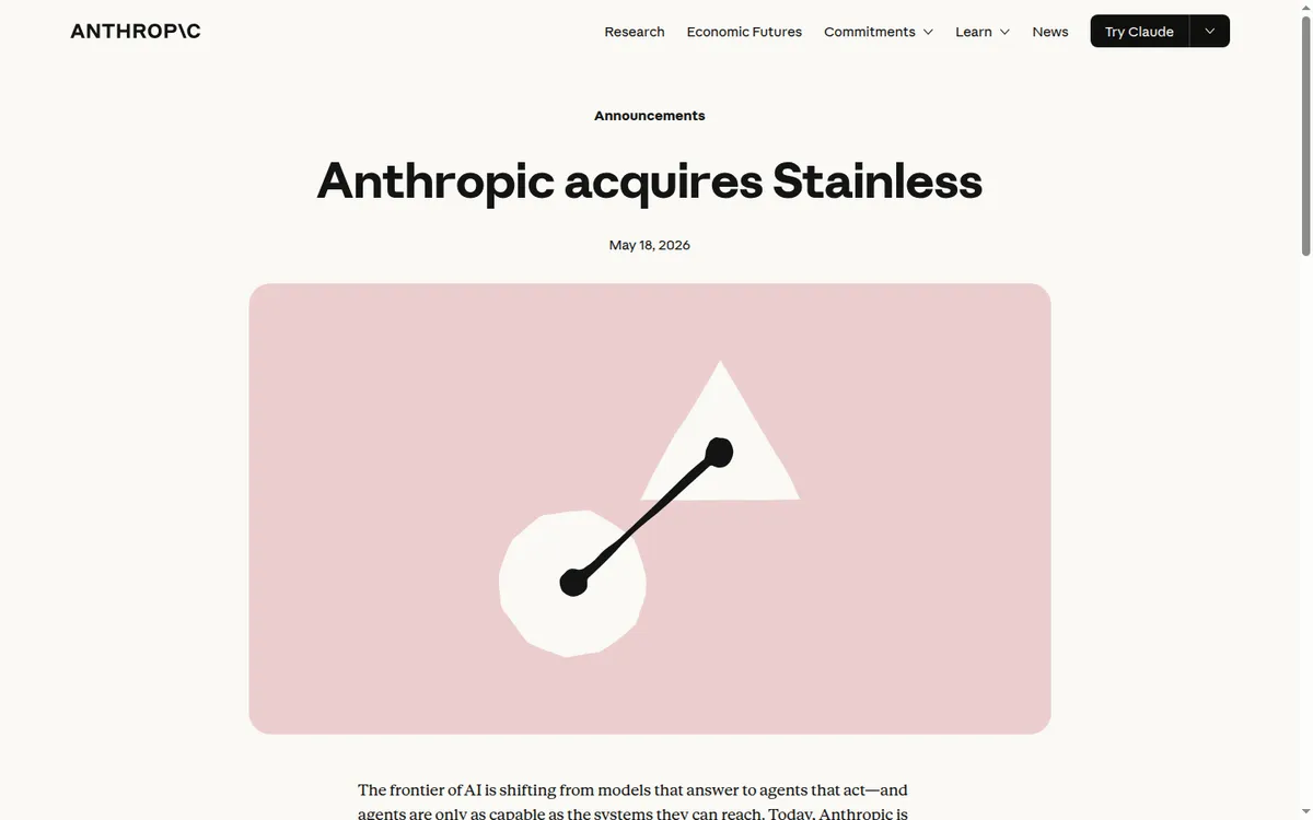 Anthropic купила Stainless: скриншот анонса о SDK-инфраструктуре Claude
