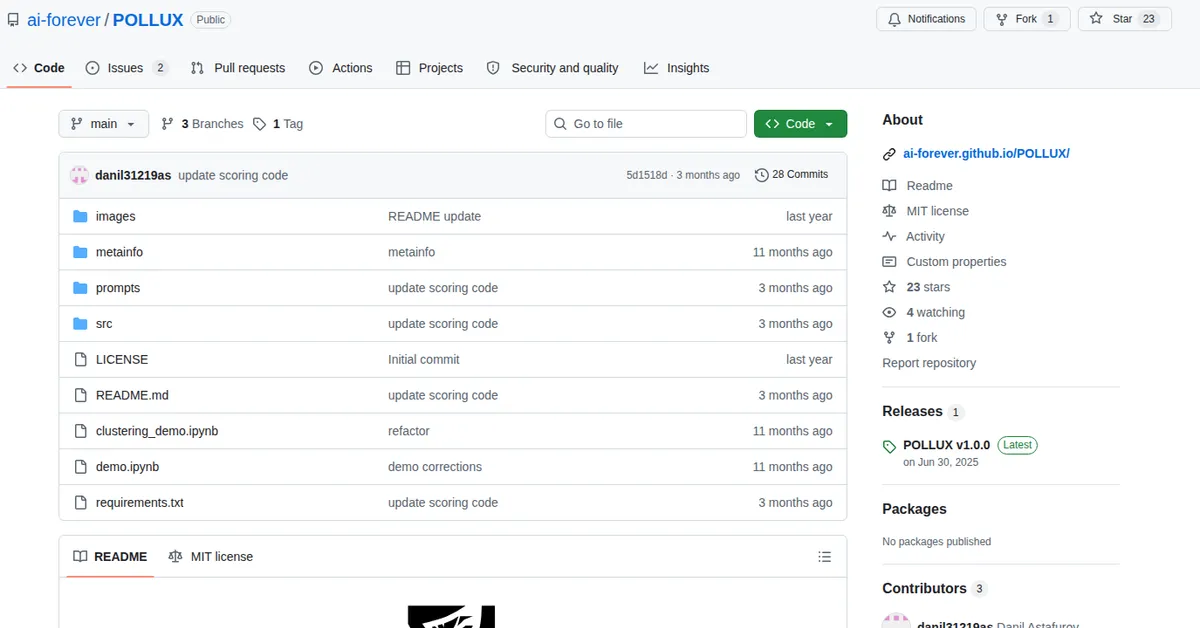Pollux-4B-Judge на GitHub: репозиторий POLLUX с кодом и README для оценки русскоязычных LLM