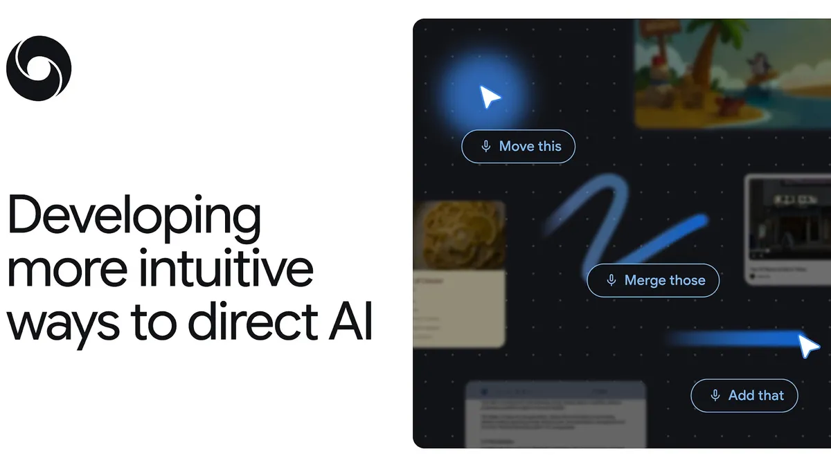 Концепт AI-enabled pointer от Google DeepMind с командами Move this, Merge those и Add that на фоне экранного контекста