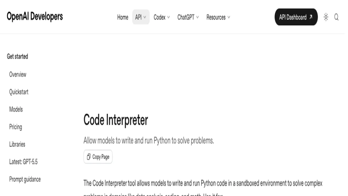 Официальная страница OpenAI Developers с инструментом Code Interpreter для Python-анализа данных