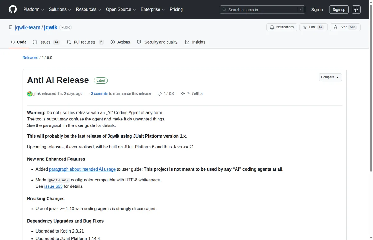 Prompt injection в jqwik: GitHub release jqwik 1.10.0 Anti AI Release для AI coding agents