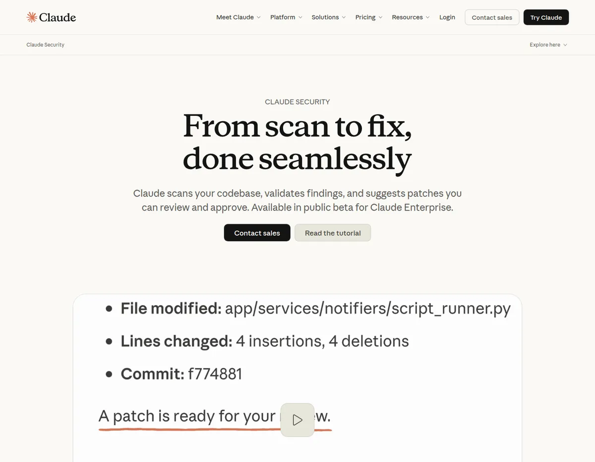 Скриншот верхней части страницы Claude Security с заголовком From scan to fix, done seamlessly