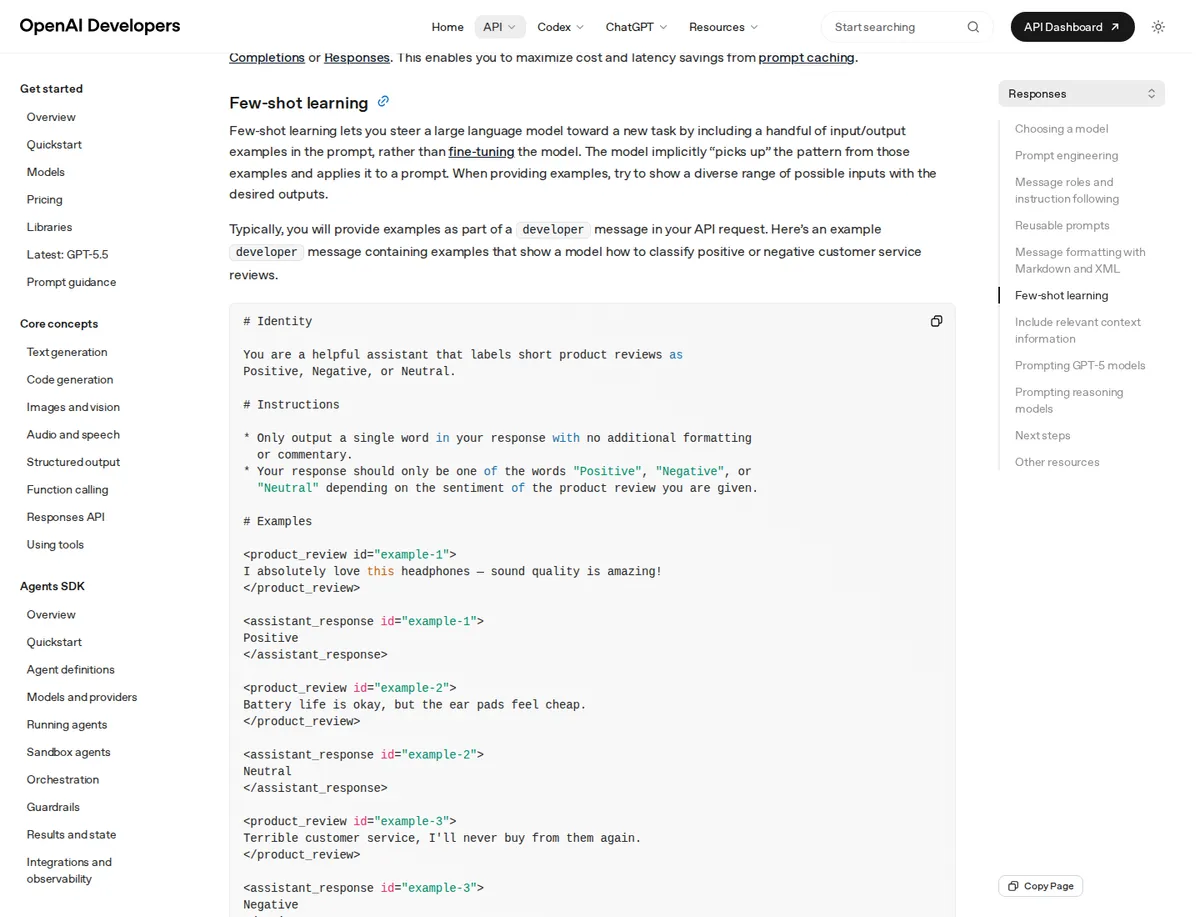 Документация OpenAI Developers с разделом Few-shot learning в guide по prompt engineering