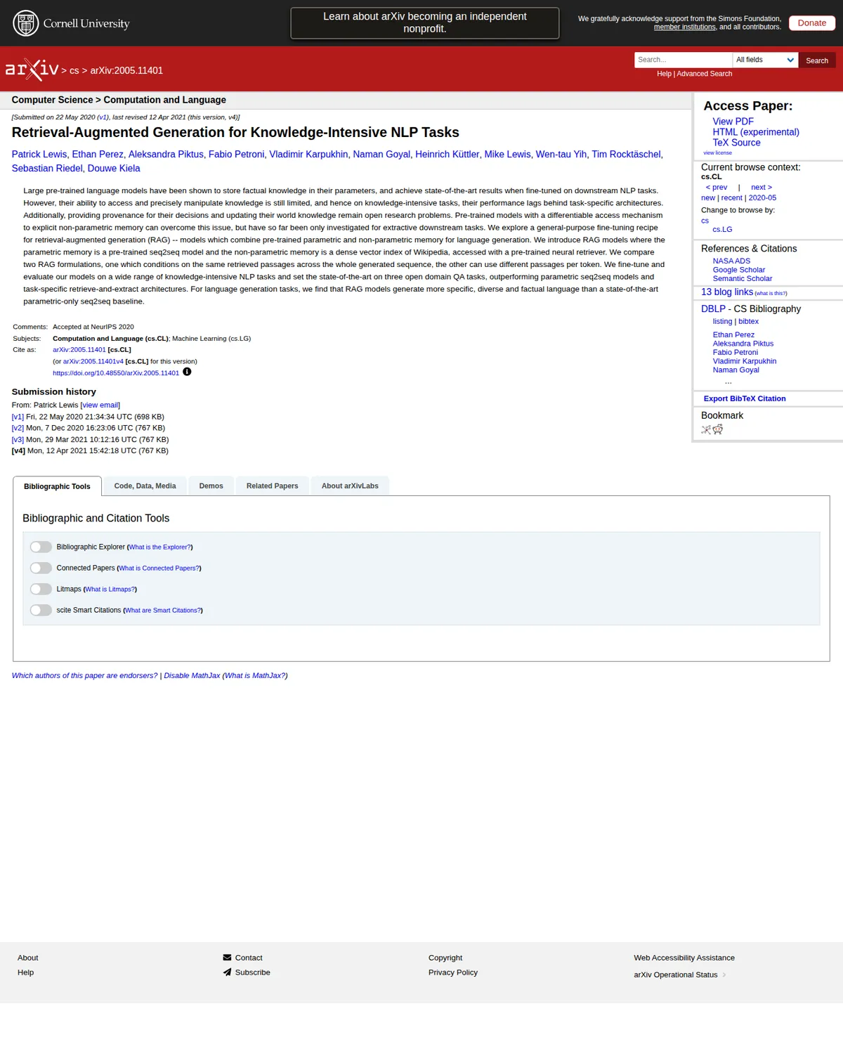 Страница arXiv статьи Retrieval-Augmented Generation for Knowledge-Intensive NLP Tasks
