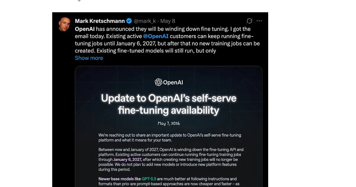 Скрин обновления OpenAI о сворачивании self-serve fine-tuning, показанный в статье Latent Space