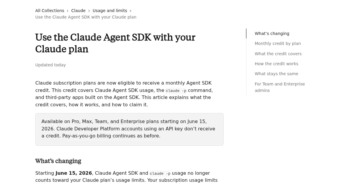 Скриншот справки Claude Help Center про отдельный Agent SDK credit и команду claude -p