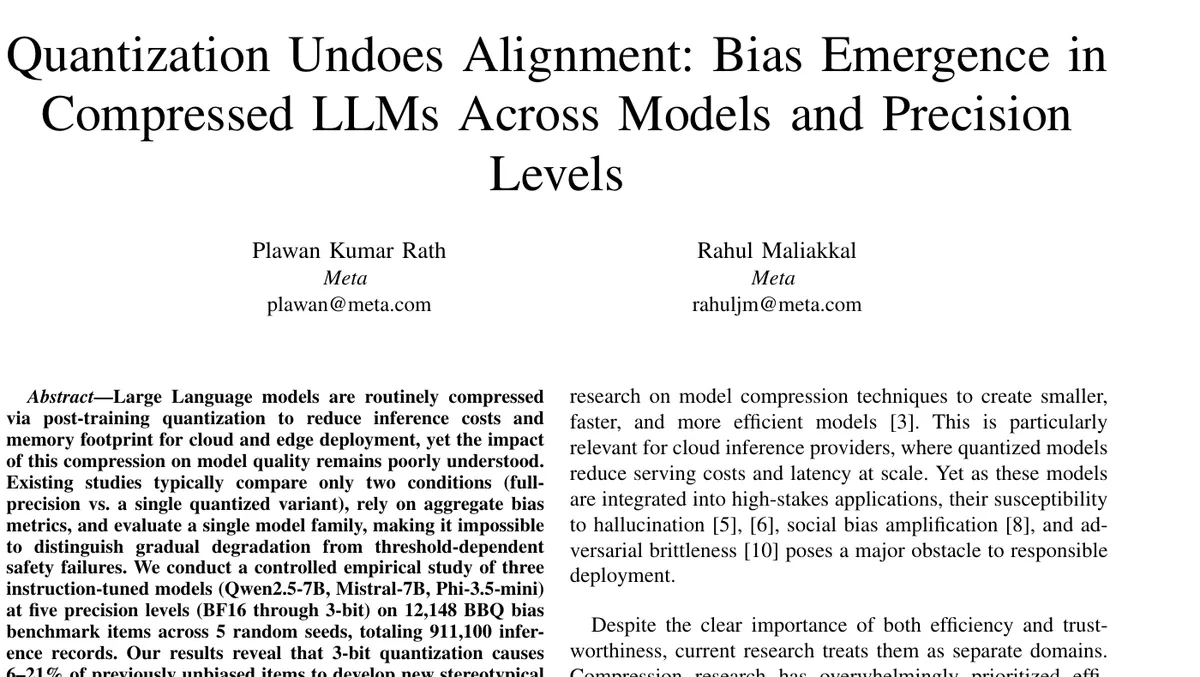 Заголовок arXiv-работы Quantization Undoes Alignment о квантизации LLM и bias