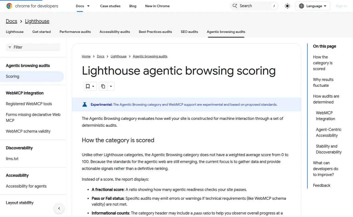 Страница Chrome for Developers с описанием Google Lighthouse Agentic Browsing для AI-агентов