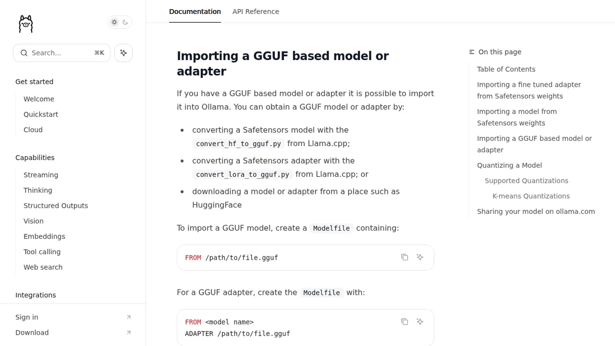 Документация Ollama с разделом об импорте GGUF-модели