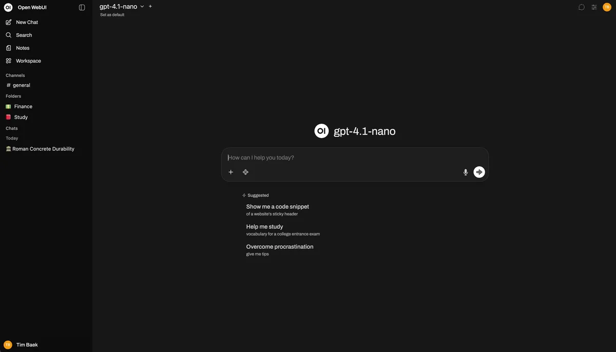 Интерфейс Open WebUI с боковой панелью, списком чатов и окном диалога