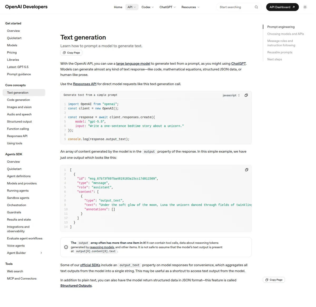 Документация OpenAI Developers со страницей Text generation как иллюстрация системной инструкции в API