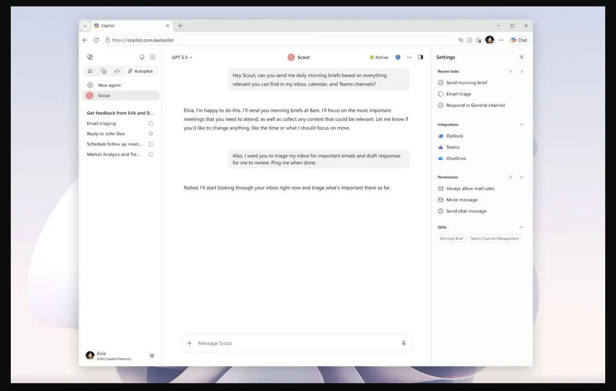 Скриншот интерфейса Microsoft Scout в Copilot с задачами, интеграциями Outlook, Teams и OneDrive