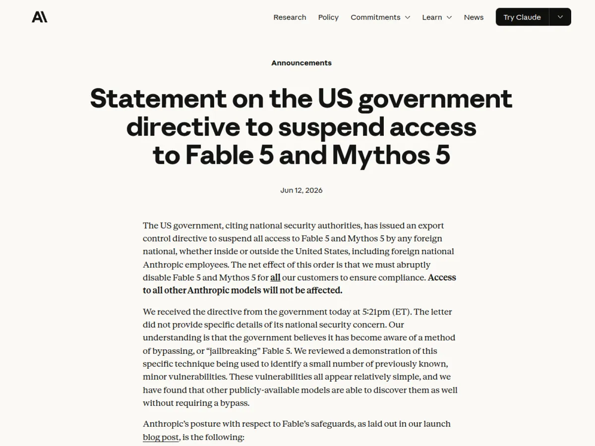 Скриншот заявления Anthropic об отключении Fable 5 и Mythos 5 по директиве США