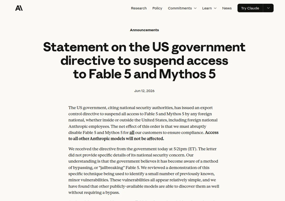 Скриншот официального заявления Anthropic о Fable 5 и Mythos 5 как пример зависимости от американского ИИ