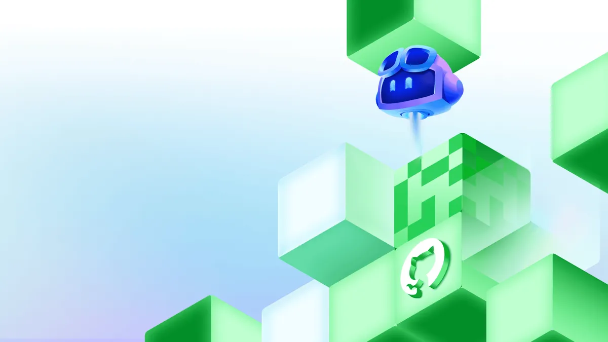 GitHub Qubot AI-агент: официальный визуал GitHub Copilot с летящим Copilot над зелёными блоками GitHub