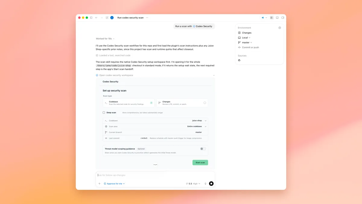 OpenAI Patch the Planet: экран Codex Security с настройкой security scan