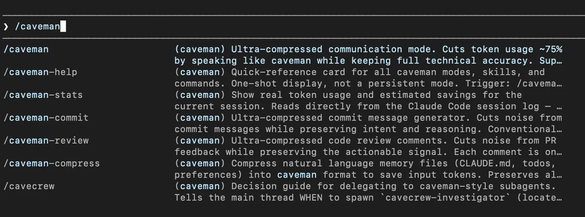 Экономика coding agents: скриншот Caveman с командами для кратких ответов Claude Code и экономии output tokens
