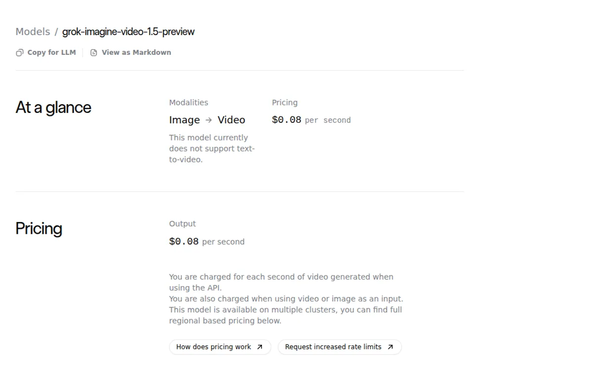 Официальная карточка xAI Docs для модели Grok Imagine Video 1.5 Preview с ценой и ограничением text-to-video
