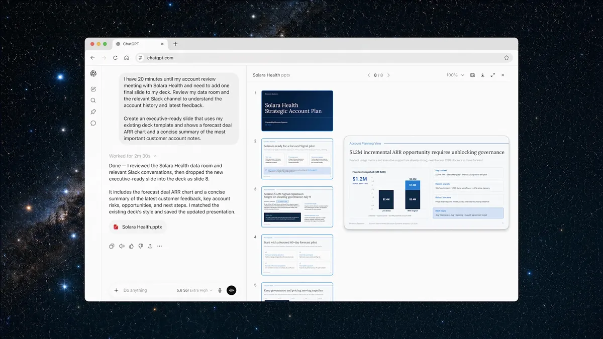 OpenAI закрывает ChatGPT Atlas: окно ChatGPT Work с браузером и презентацией