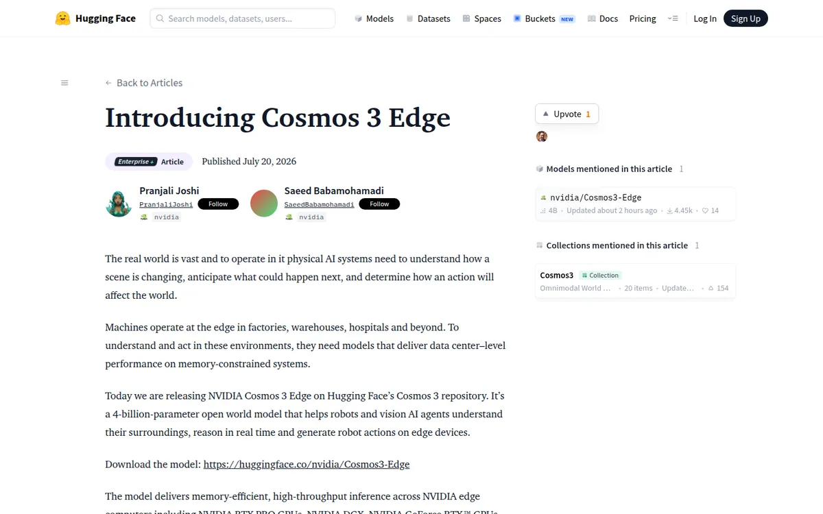Официальная страница релиза NVIDIA Cosmos 3 Edge на Hugging Face