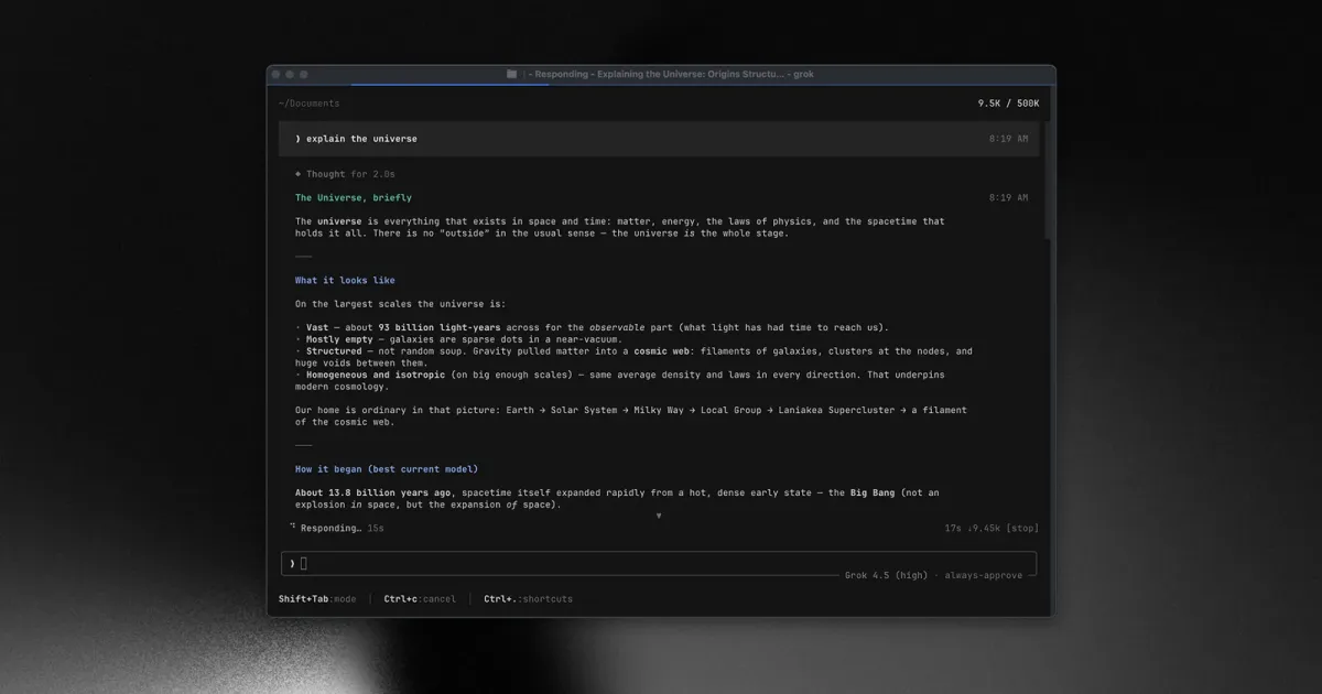Терминальный интерфейс Grok Build при разборе утечки данных и защиты ключей
