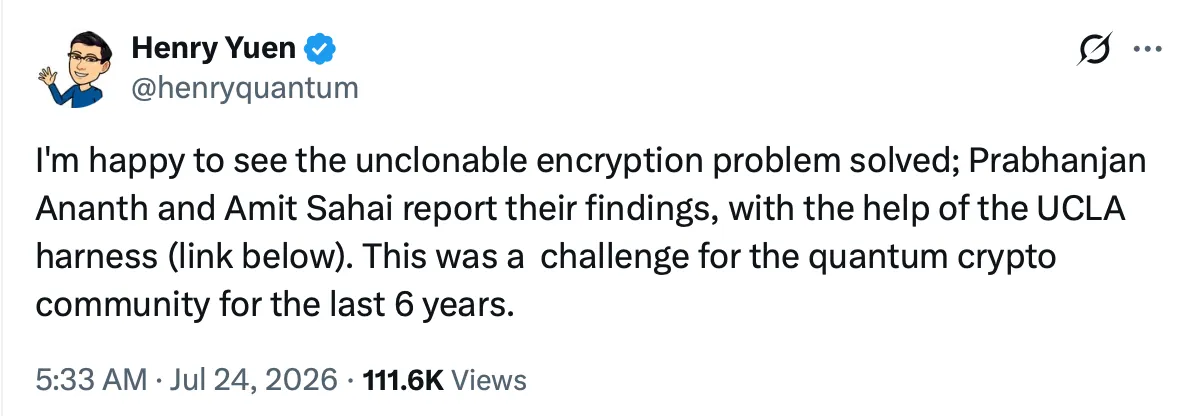 Сообщение исследователя Генри Юэня о решении задачи неклонируемого шифрования