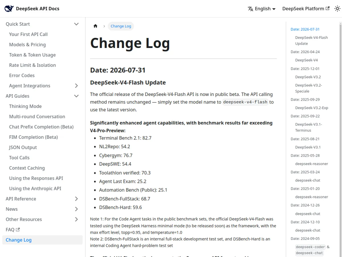 Официальный журнал изменений DeepSeek API с релизом DeepSeek V4-Flash-0731 от 31 июля 2026 года