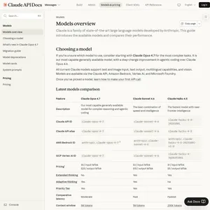 Официальная страница Anthropic Models overview с моделями Claude Opus 4.7, Sonnet 4.6 и Haiku 4.5