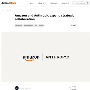 Скриншот Amazon News с заголовком о расширении сотрудничества Amazon и Anthropic