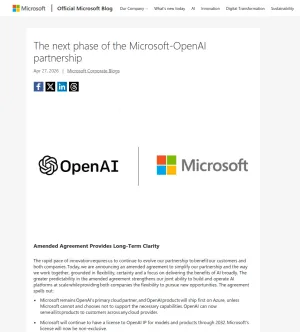 Официальный анонс Microsoft о новой фазе партнёрства с OpenAI и исчезновении AGI clause из публичной схемы сделки