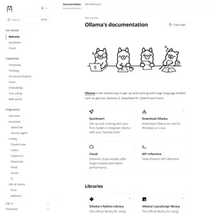 Главная страница документации Ollama с quickstart, cloud и API reference