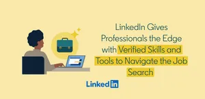 Иллюстрация LinkedIn о поиске работы, verified skills и AI-инструментах для соискателей