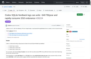 GitHub issue openai/codex #28224 о SQLite feedback logs и SSD-износе Codex