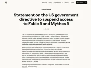 Скриншот заявления Anthropic об отключении Fable 5 и Mythos 5 по директиве США