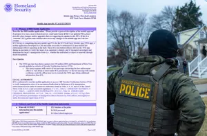 Распознавание лиц ICE: фрагмент документа DHS о TFM App рядом с сотрудником Immigration and Customs Enforcement