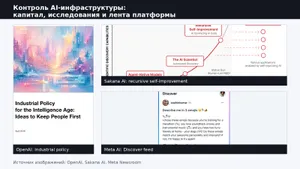 Контроль AI-инфраструктуры: коллаж из документа OpenAI, диаграммы Sakana AI RSI и скриншота Meta AI Discover feed