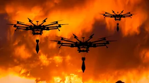 Автономные дроны с ИИ: боевые квадрокоптеры на фоне оранжевого неба