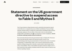 Скриншот официального заявления Anthropic о Fable 5 и Mythos 5 как пример зависимости от американского ИИ