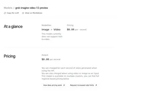 Официальная карточка xAI Docs для модели Grok Imagine Video 1.5 Preview с ценой и ограничением text-to-video