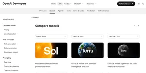 Страница OpenAI Developers со сравнением Sol, Terra и Luna для разбора цены GPT-5.6 Luna