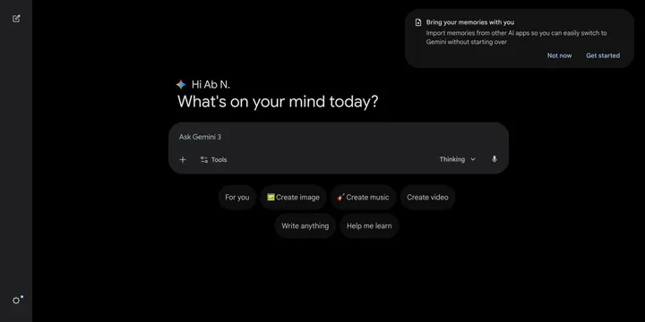 Интерфейс Google Gemini с функцией импорта памяти из ChatGPT и Claude