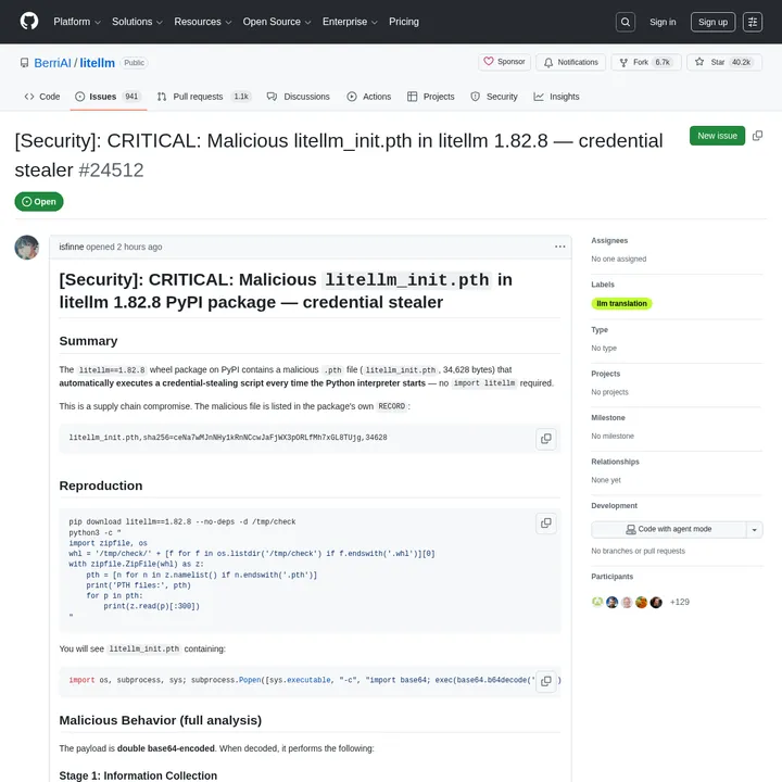 GitHub issue о критической supply-chain уязвимости в LiteLLM
