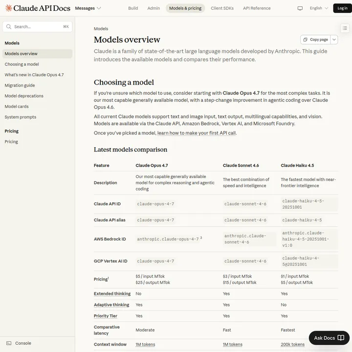 Официальная страница Anthropic Models overview с моделями Claude Opus 4.7, Sonnet 4.6 и Haiku 4.5