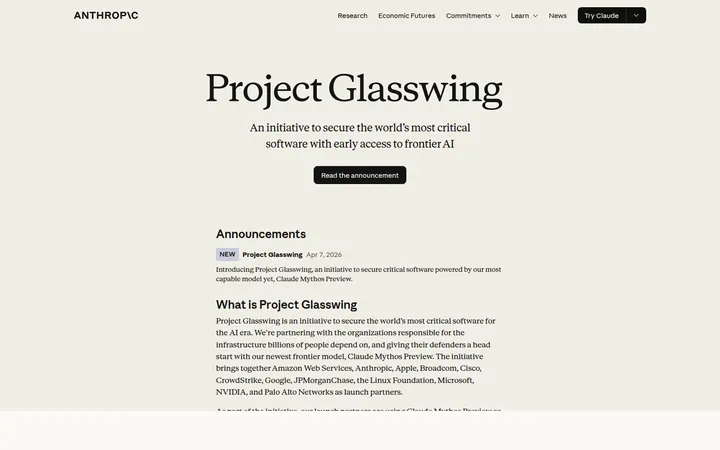Официальная страница Anthropic Project Glasswing с доступом к Claude Mythos Preview