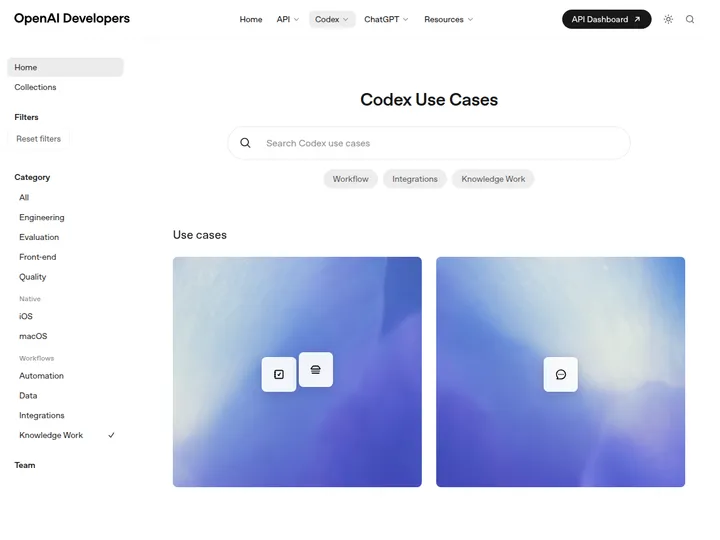 Страница OpenAI Developers с категорией Knowledge Work в разделе Codex use cases