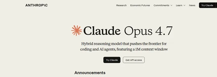 Официальная страница Claude Opus 4.7 с описанием модели для кода и AI-агентов
