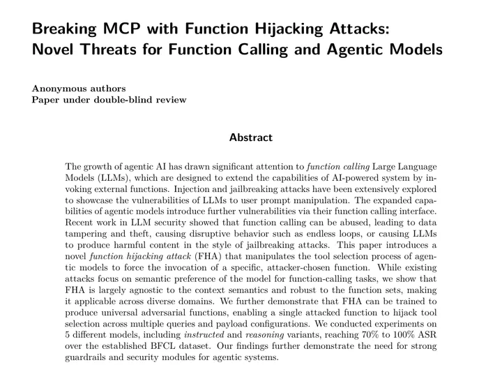 Первая страница препринта Breaking MCP with Function Hijacking Attacks с заголовком и аннотацией