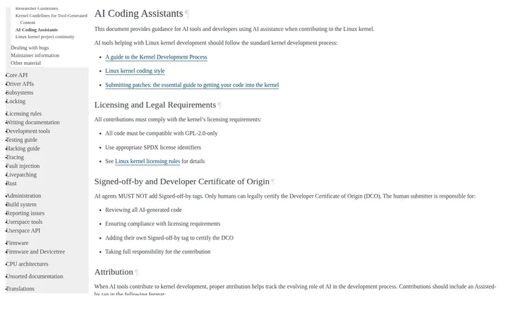 Linux kernel AI-generated code: документация AI Coding Assistants с правилами Assisted-by