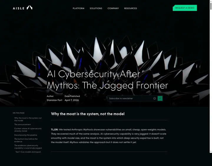 Страница AISLE с разбором AI Cybersecurity After Mythos: The Jagged Frontier